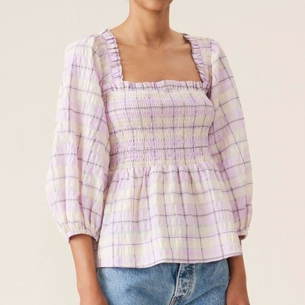 GANNI Smocked Seersucker Plaid Top